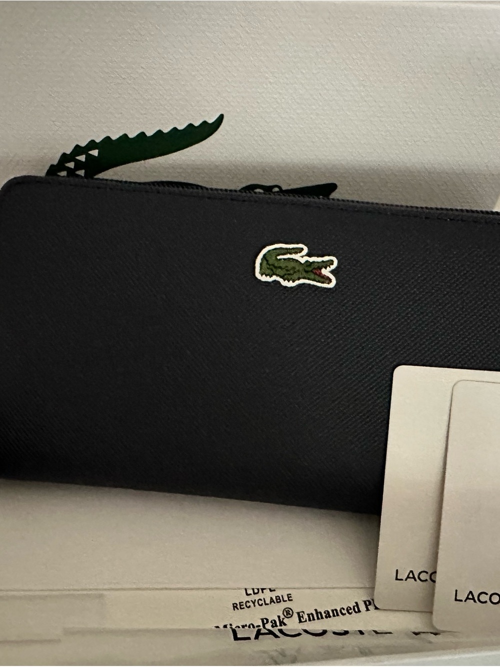 Lacoste Black Zip-Around Wallet with Green Croc Patch